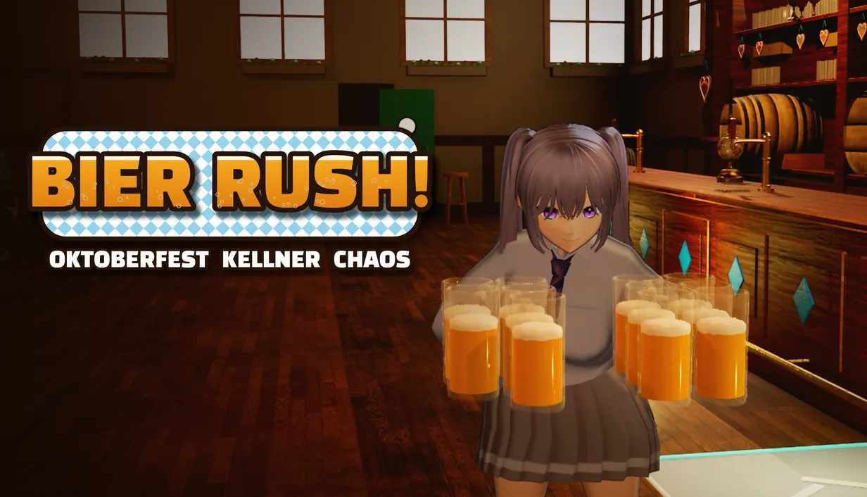 BIER RUSH! 키 아트. 옥토버페스트 홀에서 양팔 가득 맥주잔을 든 캐릭터